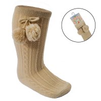 S355-COF: Coffee Knee Length Socks w/Pom Pom (0-24 Months)